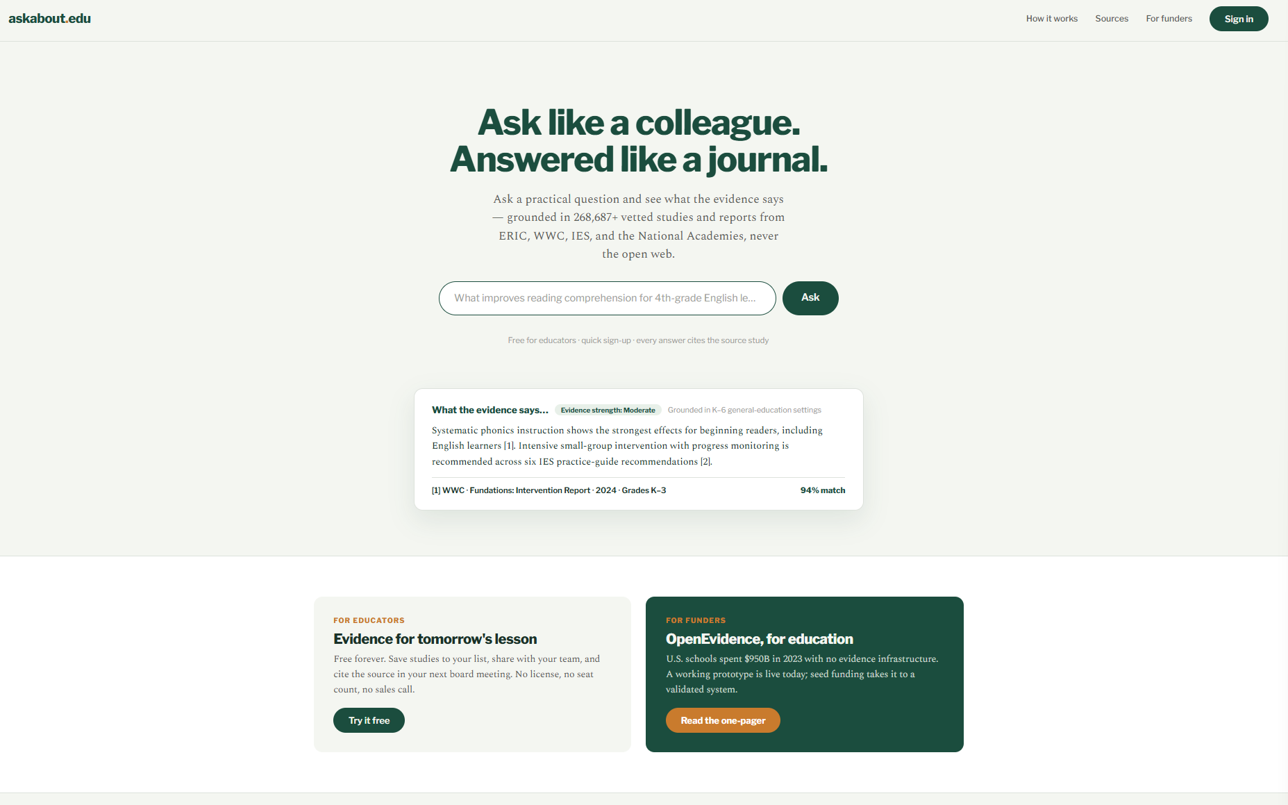 askabout.edu evidence-informed education product interface