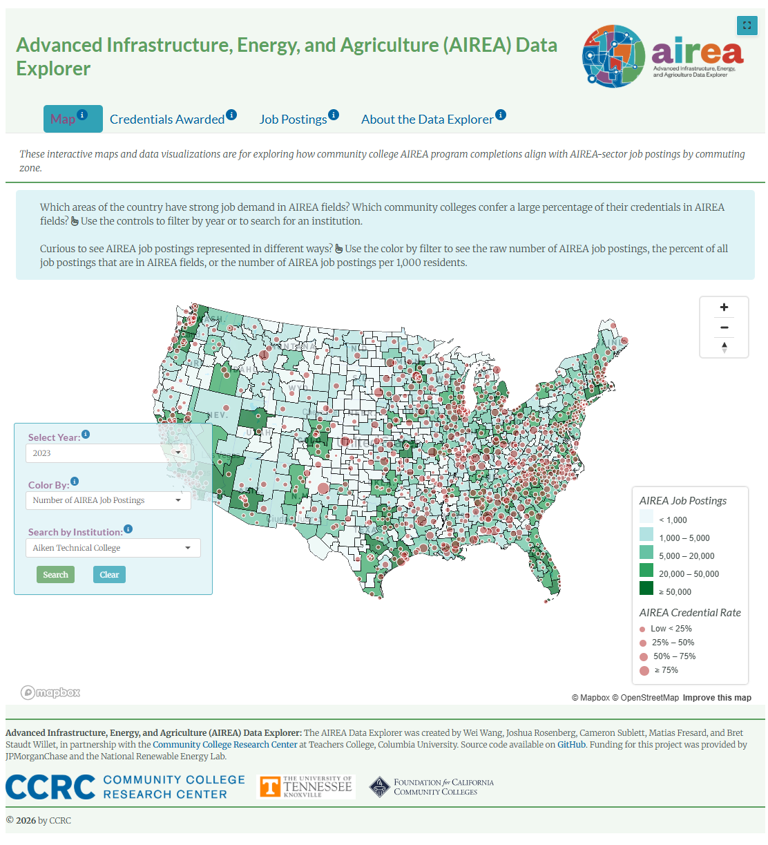 Screenshot of the AIREA Data Explorer displaying U.S. commuting zones, community colleges, filters, and legends for AIREA job postings and credential rates.